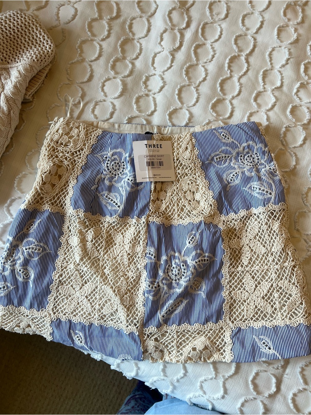 Sofia the Label Striped Blue & Cream Crochet Lace Patchwork SET - Picture 3 of 4